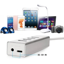 XBOSS R11 USB 3.0 Hub Алюминий 4 порта Высокоскоростная передача 5 Гбит/с для PS4 Ps 5 Xbox Компьютер Ноутбук ПК + Интерфейс питания USB (Серебряный)